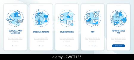 Rundgang Arten von außerschulischen Aktivitäten blaue Symbole Stock Vektor