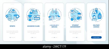 Rundgang Arten von außerschulischen Aktivitäten blaue Symbole Stock Vektor