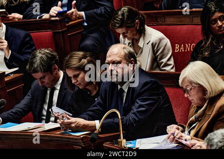 Paris, Frankreich. Januar 2024. Antonin Burat/Le Pictorium - Fragestunde an die Regierung vom 16. Januar 2024 in der französischen Nationalversammlung - 16. Januar 01/2024 - Frankreich/Paris - Justizminister Eric Dupond-Moretti während der Fragestunde an die Regierung am 16. Januar 2024 in der französischen Nationalversammlung. Quelle: LE PICTORIUM/Alamy Live News Stockfoto