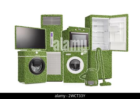 Energieeffiziente Geräte aus Gras isoliert auf weißem Hintergrund Stockfoto