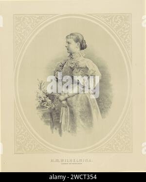 Porträt der Wilhelmina, Königin der Niederlande, 1896–1908 Porträt der Wilhelmina in einem ornamentierten Oval. Ein Tuch in ihren Händen. Am unteren Rand ihres Namens und ihres Titels. Druckerei: Netherlandspublisher: Utrecht-Papier Stockfoto