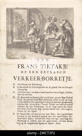 Trikkrak spielende Männer, Pieter Nolpe, 1701–1709 Druck der Herzog von Marlborough, Maarschalk de Tallard, Ludwig Wilhelm von Baden und Kurfürst Maximilian II. Emanuel van Bayern Trikkrak spielen um einen Tisch. Ludwig Wilhelm von Baden raucht eine Pfeife. Auf der linken Seite stehen Keurvorst Maximilian II. Emanuel van Bavaria und seine Frau in einem Bett. Cartoon über die Machtverhältnisse zur Zeit des spanischen Erbfolgekrieges. Am unteren Rand eine Erklärung auf Niederländisch mit den verschiedenen Leuten. Amsterdam Papierätzung / Gravur Backgammon Tric-trac. Politische Karikaturen und s Stockfoto