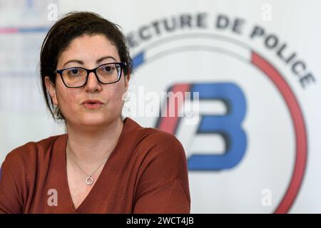 Marseille, Frankreich. Januar 2024. Frederique Camilleri (Polizeipräfekt Bouches-du-Rhone) wurde am 16. Januar 2024 auf einer Konferenz über die Verbesserung der Sicherheit in den zentralen Stadtteilen von Marseille in der Polizeiwache Noailles in Marseille gesehen. Foto: Laurent Coust/ABACAPRESS.COM. Quelle: Abaca Press/Alamy Live News Stockfoto