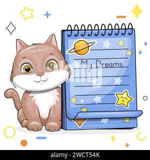 Eine süße Karikaturkatze und ein blaues Notizbuch mit Aufklebern. Vektorillustration eines Tieres auf weißem Hintergrund mit Sternen, Kreisen. Stock Vektor