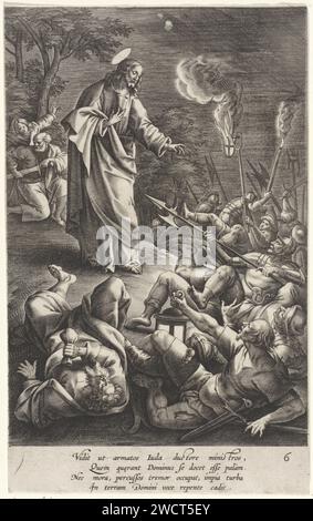 Soldaten, die Christus bis zum Boden umgeben, Antonie Wierix (II), nach Maerten de Vos, 1583–1587 Druck Christus macht sich im Hof von Getsemane bekannt. Judas, sein Verräter und die Soldaten leuchten rückwärts und fallen zu Boden. Im Hintergrund zieht Simon Peter sein Schwert, um Malchus das rechte Ohr zu drehen. Antwerpener Papierstich Christus macht sich bekannt; die Soldaten fallen zu Boden  der Kuss des Judas. Peter zieht sein Schwert und schneidet Malchus das Ohr ab Stockfoto