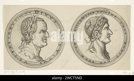 Büsten der römischen Kaiser Vespasian und Domitianus, Jan van Stalburch, 1561 drucken links die Büste von Keizer Vespasian und Profil mit Rand. Rechts die Büste von Kaiser Domitian und Profil mit Rand. Löwenpapierätzung/Gravur Stockfoto