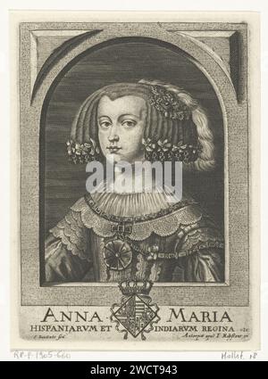 Porträt von Maria Anna van Austria, Königin von Spanien, Frederik Bouttats (I), 1649–1676 Druck Ein Porträt von Maria Anna von Österreich, Königin von Spanien. Büste nach links. Unter dem Porträt eine lateinische Unterschrift mit dem Namen der dargestellten Person. Antwerpener Papiergravur Stockfoto