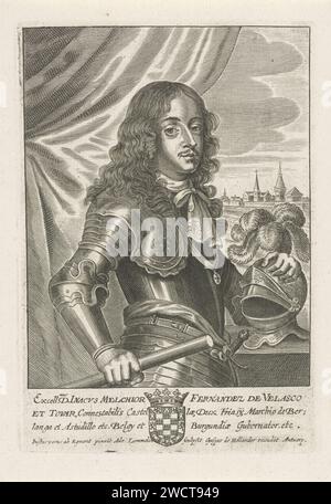 Portret Van Incho Melchior Ferdinand de Velasco, Adriaen Lommelin, nach Justus Van Egmont, 1652–1677 Druck Porträt von Inacho Melchior Ferdinand de Velasco, Konstabel van Velasco und Tovar, Gouverneur von Belgien und Burgund. Am Rand das Familienwappen der dargestellten Person. Antwerpener Papiergravur Stockfoto