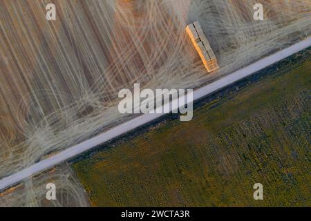 Aus der Vogelperspektive gestapelte Heuballen auf einem strukturierten Feld neben einer lebhaften grünen Ernte in Alcarria Stockfoto