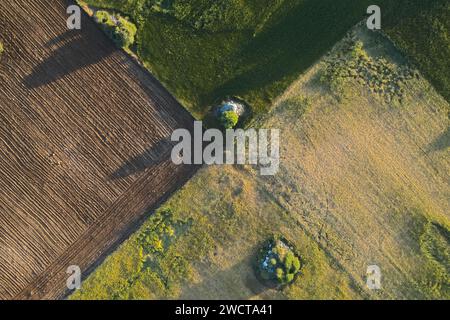 Blick von oben auf eine strukturierte landwirtschaftliche Landschaft mit einer Mischung aus gepflügten Feldern und natürlicher Vegetation in Alcarria Stockfoto