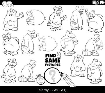 Zeichentrickillustration von zwei gleichen Bildern Lernspiel mit Bären Tierfiguren Malseite Stock Vektor