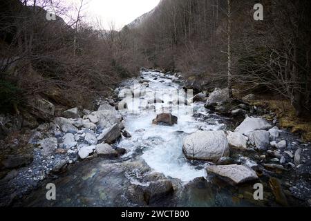 Ein Gebirgsfluss schlängelt sich durch ein felsiges Waldgebiet mit klarem Wasser, das über Steine fließt Stockfoto