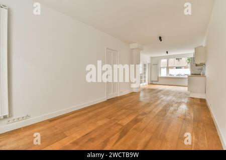 Geschlossene Tür und weiße Wände in geräumigem leerem Wohnzimmer in einem modernen Haus mit Küche im Hintergrund Stockfoto