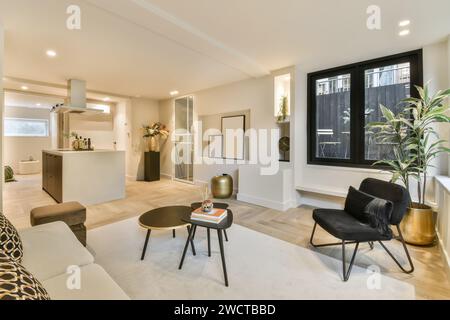 Moderne Wohnzimmereinrichtung mit eleganten Möbeln und stilvoller Einrichtung. Stockfoto