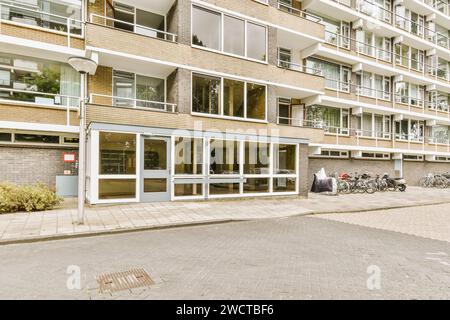 Modernes Wohngebäude mit großen Fenstern und geparkten Fahrrädern draußen an sonnigen Tagen. Stockfoto