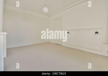 Ein unbelegter Raum mit weißen Wänden, beigefarbenem Teppich und minimalen Elementen, die durch Tageslicht beleuchtet werden. Stockfoto