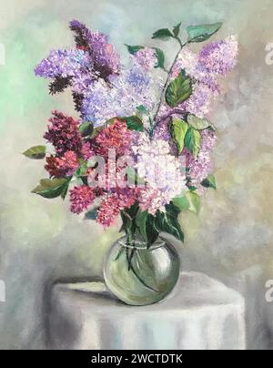 Ein stilllebendes Ölgemälde, abstraktes Kunstwerk mit Flieder, ideal für Wohnkultur Stockfoto