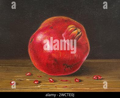 Ein stilllebendes Ölgemälde, abstraktes Kunstwerk mit Granatapfel, ideal für Wohnkultur Stockfoto