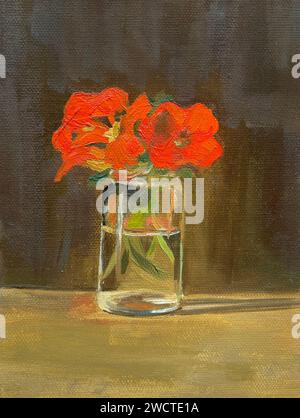 Ein abstraktes Kunstwerk mit Stilleben-Ölgemälde und einer Vase mit Mohnblumen, ideal für eine Wohnkultur Stockfoto