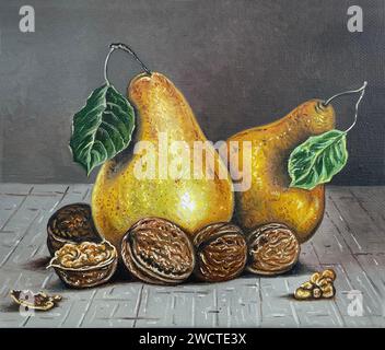 Ein stilllebendes Ölgemälde, abstraktes Kunstwerk mit Birnen, umgeben von Walnüssen, ideal für Wohnkultur Stockfoto