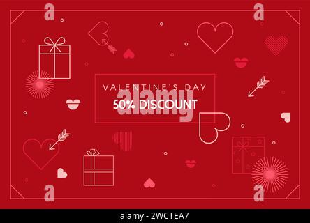 Werbebanner zum Valentinstag. Vektor-Illustration mit Linie Geschenkbox, Herzen und Küsse auf rotem Hintergrund. Werbebanner für Rabatte. Stock Vektor