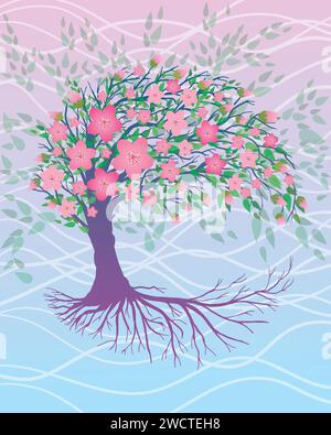 Ein rosafarbener Lebensbaum oder yggdrasil mit rosa Blüten. Der Baum ist rosa und blau gefärbt. Der Hintergrund ist ein sanfter blau-rosafarbener Verlauf. Stock Vektor