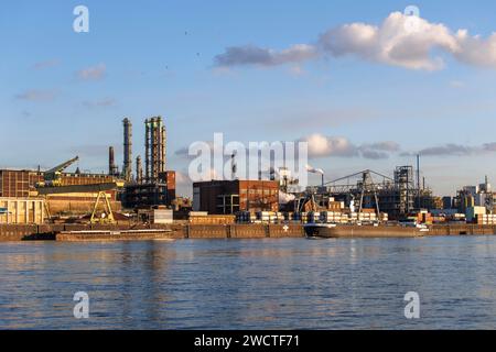 Blick über den Rhein zum Chempark, früher bekannt als Bayerwerk, Leverkusen, Nordrhein-Westfalen, Deutschland. Blick ueber den Rhein zum Chempark, Stockfoto