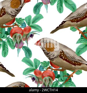 Rosenhüften, Blätter und Beeren, Vögel, nahtloses Muster. Grafische Abbildung. Karten, Einladungen, Banner, Verpackung, Umschläge, Textilien, Tapeten. Stock Vektor