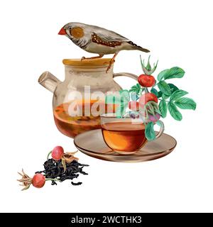 Tasse Tee, Teekanne, Hüftrose, Beeren, Vogel. Vektorabbildung im Grafikstil. Karten, Einladungen, Frühlingsbanner, Verpackungen, Briefe, Etiketten. Stock Vektor