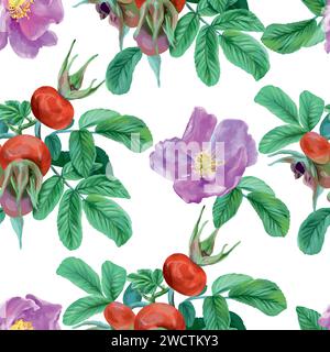 Hüftrosen, Blumen und Beeren, nahtloses Muster. Grafische Abbildung. Karten, Einladungen, Banner, Verpackung, Umschläge, Textilien, Tapeten. Stock Vektor