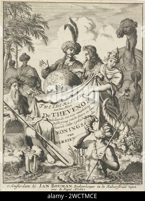 Jean de Thevenot im Gespräch mit einem Türken, Jan Luyken, 1682 Druck Jean de Thevenot hat ein Gespräch mit einem Türken und sieht einen Globus. Im Vordergrund halten eine weibliche Personifikation mit Mauerkrone und ein Flussgott zusammen ein Vellum mit dem Titel des Buches. Im Wasser dafür bläst ein Meeresgott auf eine Muschel. Amsterdamer Papier, das asiatische Rassen und Völker ätzt: Türken. Globus. Stadtkrone, Wandkrone. flussgötter. Götter des Wassers: Neptun und seine Umgebung Stockfoto