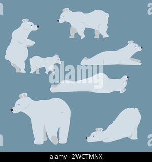 Set von erwachsenen Eisbären und ihren jungen Jungen in verschiedenen Stellungen. Tiere aus dem Norden. Vektor-Zeichentrickfigur flache Illustration. Vektorabbildung Stock Vektor