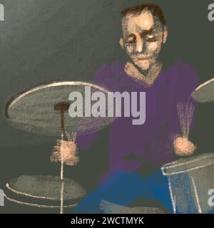 Musiker mit Schlagzeug. Rock Drummer Spieler Illustration Sketch Stil. Musikposter Stockfoto