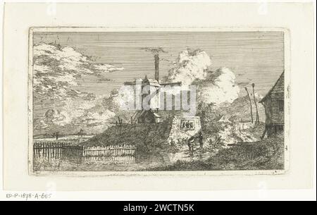 Landschaft mit Mühle auf TERP aan Water, Albertus Brondgeest, 1796 - 1849 Drucken Landschaft mit einer Holzmühle auf einer Terp auf dem Wasser. Auf einer Steinmauer steht die Waffe der Stadt Amsterdam. Zwei Fischer sind mit Ruten am Ufer. Niederlande Papier. Ätzwindmühle in der Landschaft. Windmühle Stockfoto