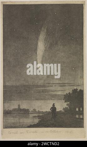 Comeet van Donati, 10. Oktober 1858, Cornelis van der Griendt, 1858–1860 drucken der Komet von Donati, 10. Oktober 1858. Im Vordergrund ein Mann mit Hund am Fluss. Im Hintergrund links ein Kirchturm. Niederlande . Ätzkomet Niederlande Stockfoto