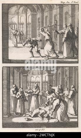 Bruder Felix schlägt einen Schüler / Mönche finden den Schüler bewusstlos, Jan Luyken, 1697 drucken zwei Aufführungen einer Platte, markiert oben rechts: S. 82. Ich scheide aus. Weiter unten: Siehe S. 83. Amsterdamer Papierätzmönch(e), Mönch(e). körperliche Bestrafung in der Schule: Schmähungen, Schläge, etc. Bewusstlosigkeit Stockfoto