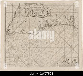 Seekarte eines Teils der Südküste Portugals und Spaniens mit der Algarve und Andalusien, anonym, nach Jan Luyken, 1681 - 1803 drucken Seekarte eines Teils der Südküste Portugals und Spaniens mit der Algarve und Andalusien, mit zwei Kompassrosen, der Norden ist oben. In der Mitte einer Kartusche mit dem Titel und der Adresse des Verlegers, umgeben von einem Seemann und einigen Händlern. Unten rechts eine Meerjungfrau und zwei große Männer im Maßstab, dargestellt in Deutsch, Spanisch und Englisch oder Französisch Meilen (Maßstab: c. 1: 450,000). Amsterdam Papiergravur / Ätzer Seemann. Verhandeln. Merman - AA - m Stockfoto