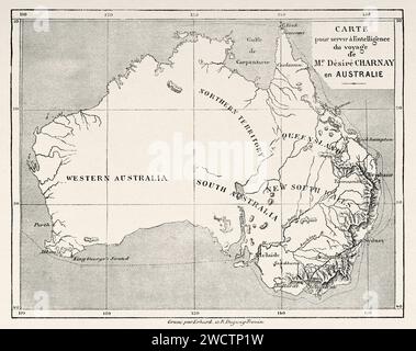 Alte Karte von Australien von 1880. Australien. Sechs Monate in Australien 1878 von Desire Charnay (1828 - 1915) Stich aus dem 19. Jahrhundert aus Le Tour du Monde 1880 Stockfoto