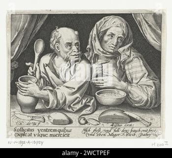Mann und Frau essen Vater, Nicolaes de Bruyn, 1581 - 1656 drucken Ein Mann und eine Frau sitzen am Tisch und essen Vater. Der deutsche Vers am Rand unter Anspielung auf den nährstoffreichen Brei, wo eine Person mager bleibt. Der Vers wird in lateinischer Sprache wiederholt. Niederlande Papiergravur Essen. Getreide Stockfoto