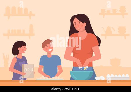 Ein Konzept von Mutter kocht mit Kindern. Häusliche Bildung. Kinder helfen beim Backen in der Küche, bereiten zusammen mit Sohn und Tochter während des Quar eine Mahlzeit vor Stock Vektor