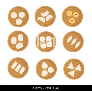 Satz japanischer oder chinesischer Teigtaschen in Bambusdampfer. Dimsum, Baozi, Bao. Vektor flache Zeichentrickillustration. Asiatische Küche. Menü. Stock Vektor