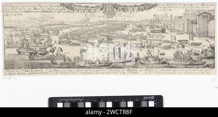 Triumphfahrt auf dem Wasser bei der Ankunft von König Karl II. Und Königin Catharina von Braganza in London, Dirk Stoop, 1662 drucken die Ankunft der Königin Catharina von Braganza in London an der Themse am 23. August 1662. Sie wird vom Bürgermeister und den Bürgern Londons begrüßt. Das Schiff des Königs und der Königin ist von Booten umgeben, die die verschiedenen Gilden repräsentieren. Print ist Teil einer Serie über die Reise Catharina von Braganza nach London, wo sie 1662 Karel II. Von England heiratete. England Papierätzung / Gravur Triummphal Entry and Public Reception, Pageant, 'feierlich Stockfoto