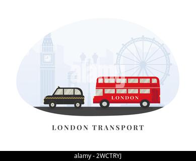London, Vereinigtes Königreich Tourismus. Wahrzeichen und Symbole von England - Big Ben, roter Doppeldeckerbus, Taxi, Taxi. Reisekonzept Vektor-Cartoon Illustrati Stock Vektor
