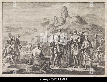 Jozef verkauft an Händler von seinen Brüdern Jan Luyken, 1704 Druck Amsterdam Papier Radierung / Buchdruck während Josephs Brüder essen, kommt eine Karawane von ishmaeliten (Midianiten) Händlern vorbei: Juda schlägt vor, Joseph an sie zu verkaufen Stockfoto