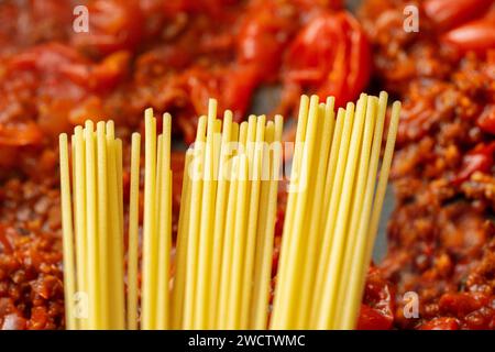 Augsburg, Bayern, Deutschland - 13. Januar 2024: Spaghetti-Nudeln vor einer Tomatenbolognesauce in einer Pfanne *** Spaghetti Nudeln vor einer Tomaten Bolognese Soße in einer Pfanne Stockfoto