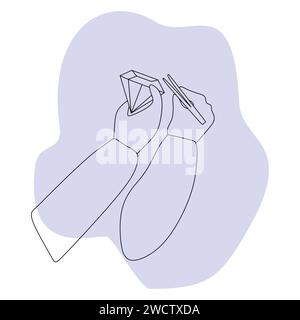 Juweliere halten eine Pinzette und Big Gemstone. Handgezeichnete lineare Vektorillustration auf Violetfleck. Vorlage für Schmuck-Shop-Logo, Handwerkskunst Stock Vektor