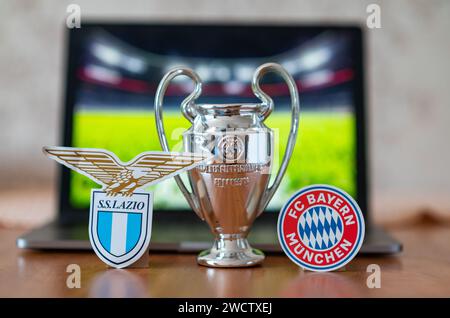 Januar 2024, London, Vereinigtes Königreich. Die Embleme der Fußballvereine, die an den Playoffs der UEFA Champions League teilnehmen, sind SS Lazio und FC Bay Stockfoto