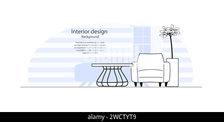 Bearbeitbare, moderne Innenausstattung des Wohnzimmers in flachem, minimalistischem Stil. Hintergrund für Landing-Page. Stock Vektor