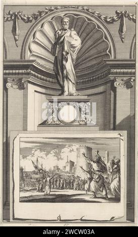 H. Epiphanius van Salamis, Kirchenvater, Jan Luyken, nach Jan Goeree, 1698 Druck des heiligen Kirchenvaters Epiphanius von Salamis, stehend auf einem Sockel. Auf der Vorderseite eine Szene, in der der Leichnam des verstorbenen Epiphanius nach Konstantinopel zurückgebracht wird. Amsterdamer Papierätzung / Gravur männlicher Heiliger (EPIPHANIUS VON SALAMIS). Männliche Heilige (EPIPHANIUS VON SALAMIS) - Martyrium, Leiden, Unglück, Tod männlicher heiliger Stockfoto