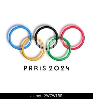 3D Olympische Ringe Paris 2024, Frankreich isoliert auf weißem Hintergrund. Offizielles Logo der Olympischen Spiele. Vektorabbildung Stock Vektor